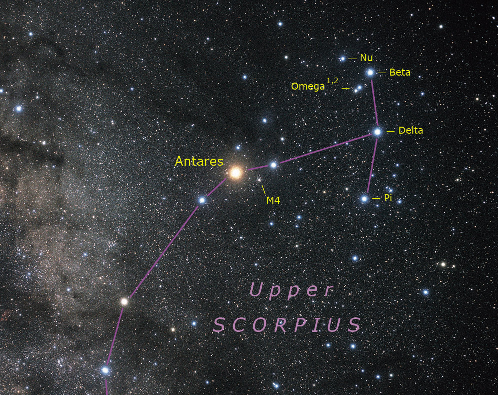 Upper Scorpius with M4 and bright double stars labeled