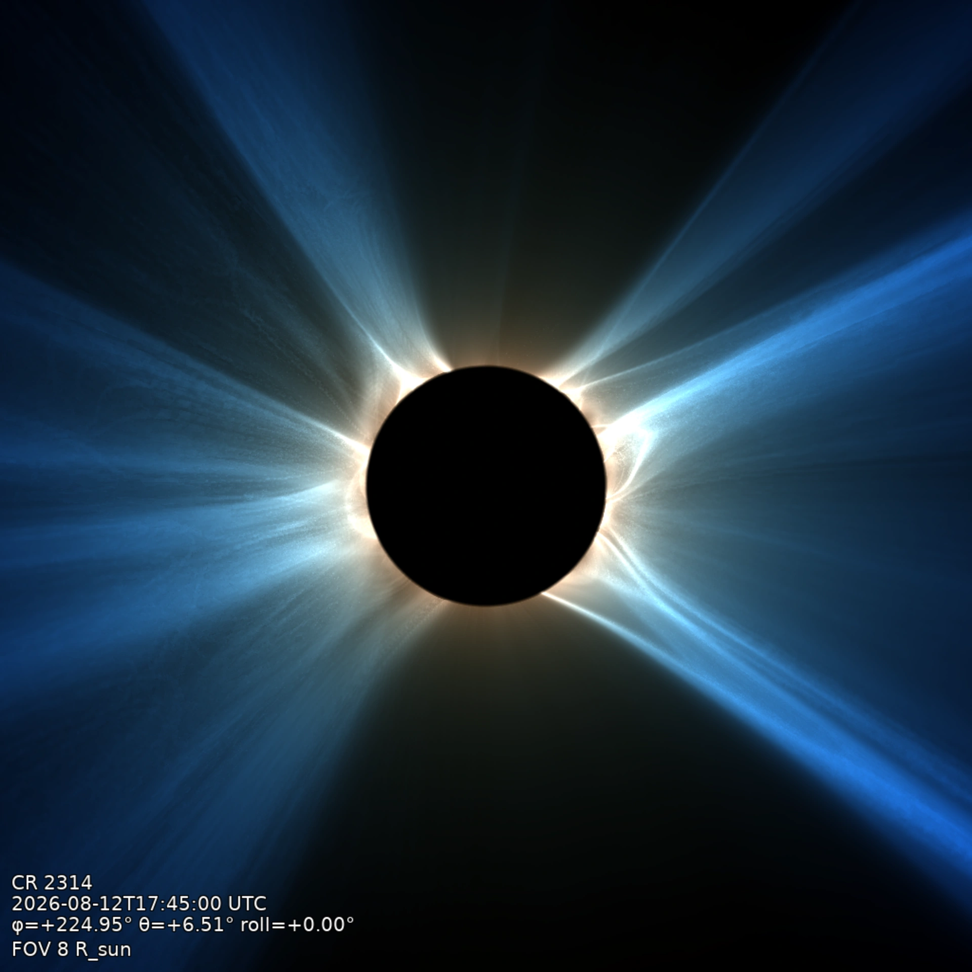 Virtual eclipse prediction shows coronal streamers emerging from the Sun's limb