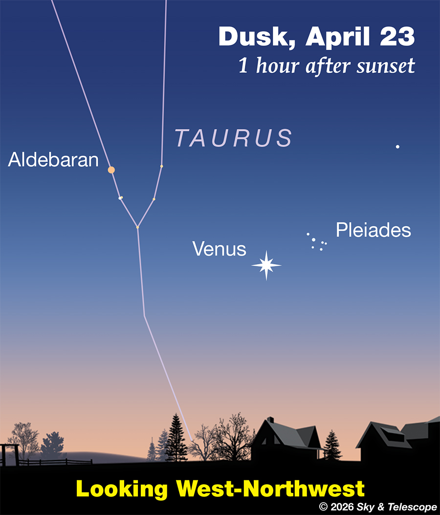 Vênus com as Plêiades no final do crepúsculo, 23 de abril de 2026