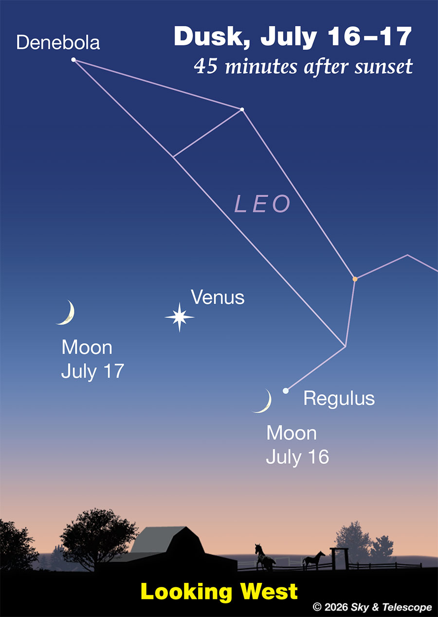 Crescent Moon passing Regulus, then Venus at dusk, July 16-17, 2026