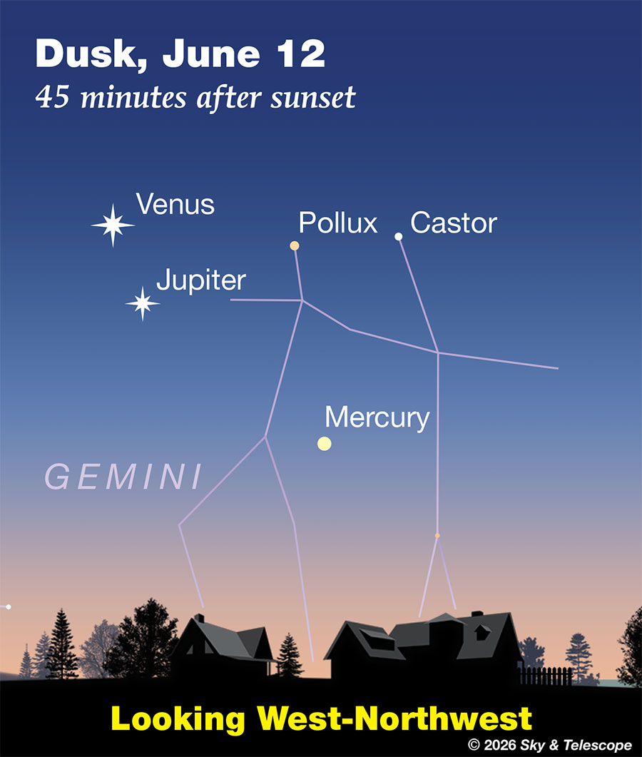 Venus, Jupiter, Mercury, Pollux and Castor at dusk, June 12, 2026