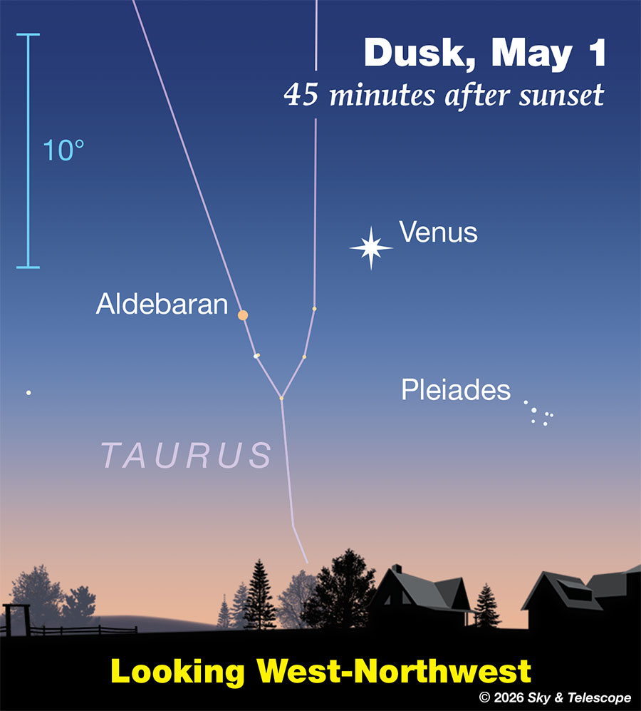 Venus with Aldebaran and the Pleiades at dusk, May 1, 2026
