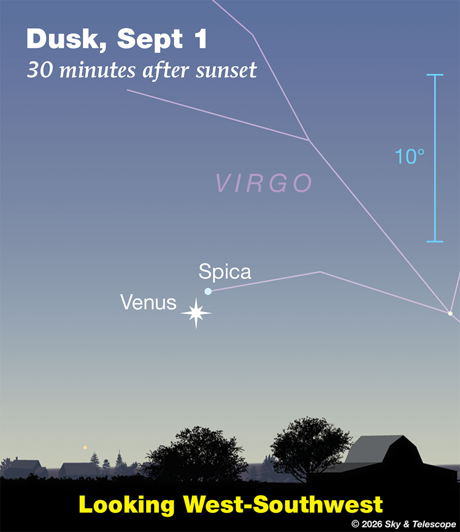 Venus and Spica in conjunction very low in the west-southwest, Sept.1, 2026