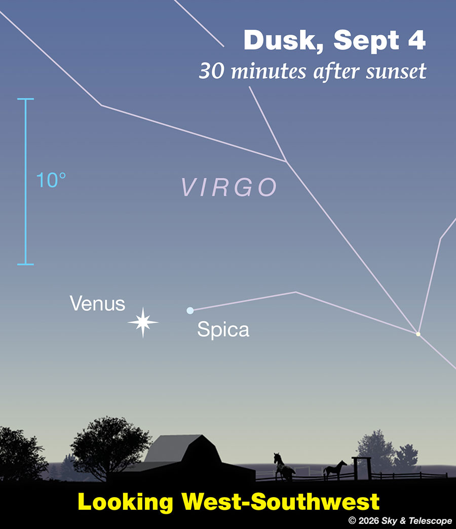 Venus and Spica low in twilight, Sept. 4, 2026 
