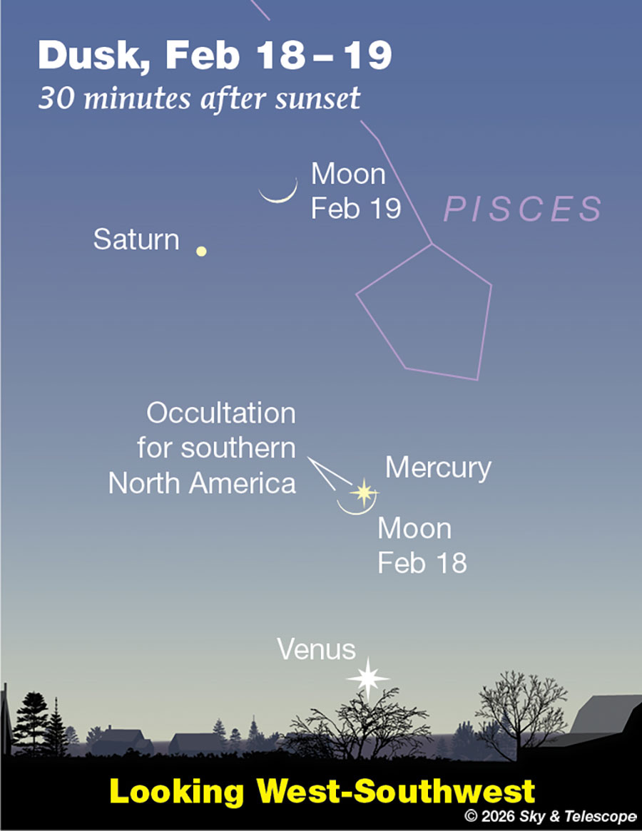 Mercury, crescent Moon, Venus, and Saturn in the western dusk, Feb 18-19, 2026