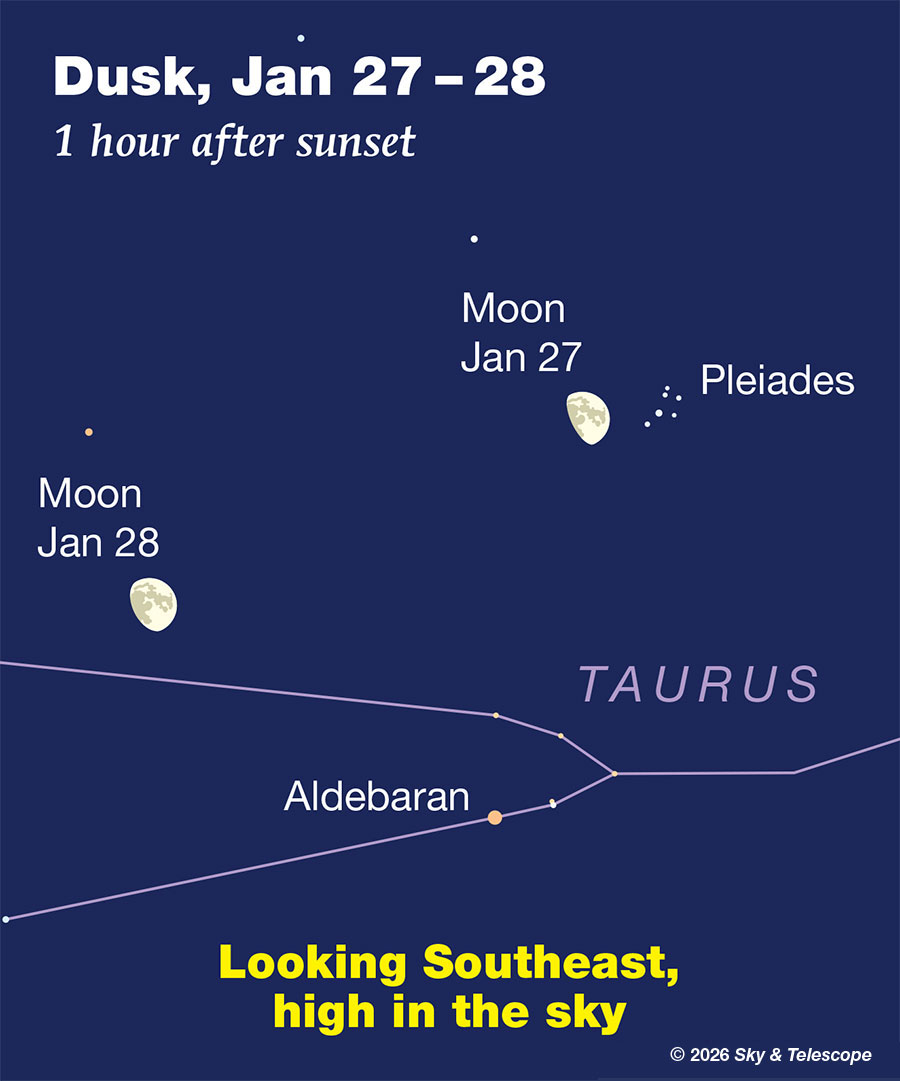 Moon with the Pleiades and Aldebaran, Jan. 27-28, 2026