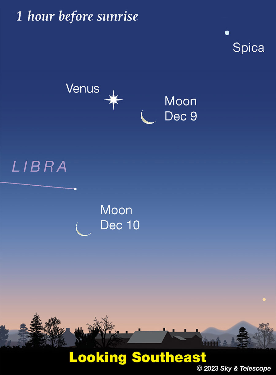 Moon passing Venus at dawn, Dec 9-10, 2023