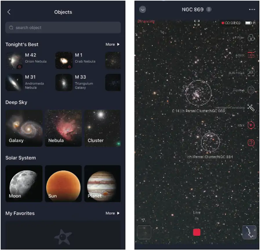 Screenshots from the SeeStar app