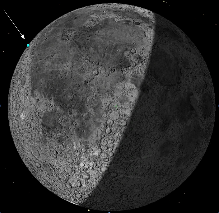 The illumination phase of the Moon and the site of the August impact.<br><em>Bill Gray/Project Pluto</em> class=