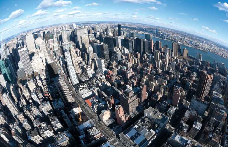 a fisheye shot of a city from above