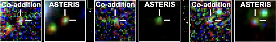 Galaxies as seen by ASTERIS vs. co-addition/stacking