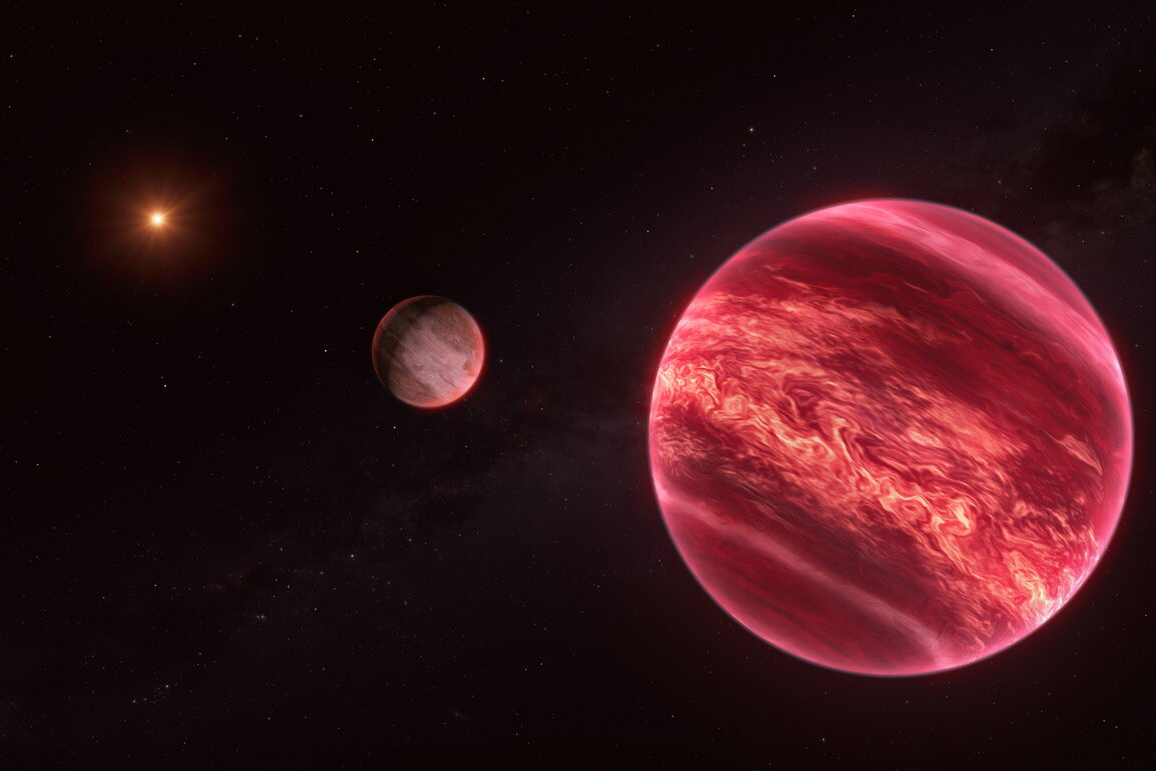 A reddish gas giant circling a reddish brown dwarf, with a star in the distance