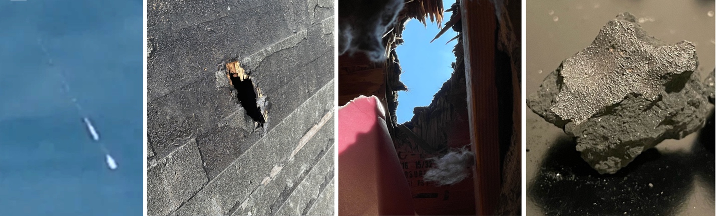 Four frames showing photos of meteorite in the air and on the ground