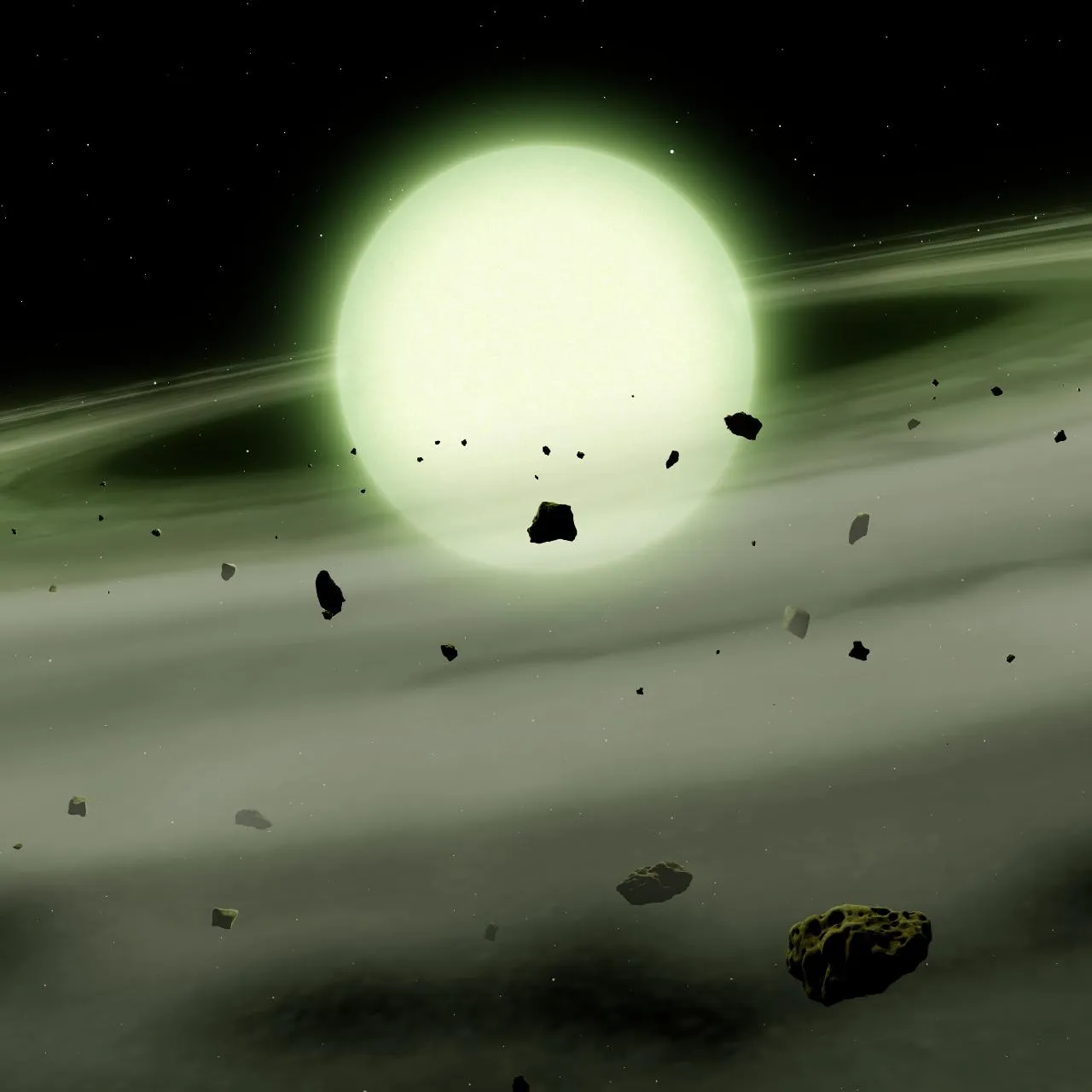 Artist concept of green white dwarf and a debris disk around it