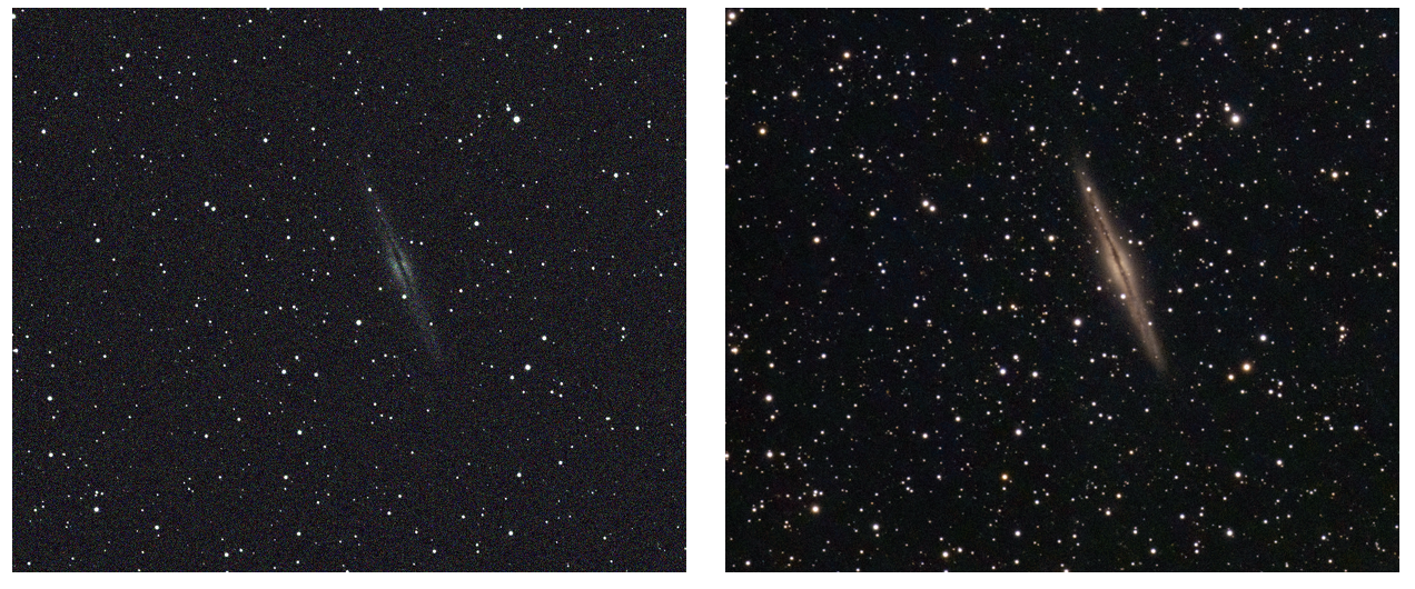 Left: A single, 30-second exposure of NGC 891 in Andromeda reveals the galaxy amidst a field of noise. Right: After one hour of livestacking 120 individual 30-second exposures, NGC 891 achieves a smooth appearance, and several background galaxies become visible | Sky & Telescope