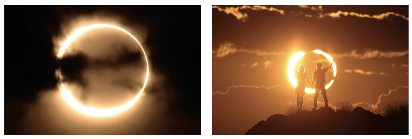 Clouds and figures in front of "ring of fire" eclipse