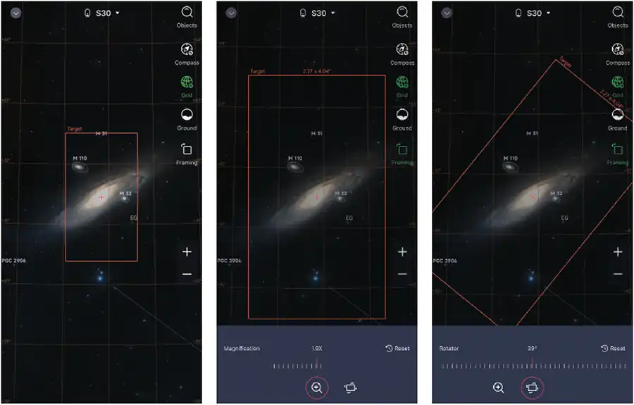Screenshots show how to image a large target like the Andromeda Galaxy