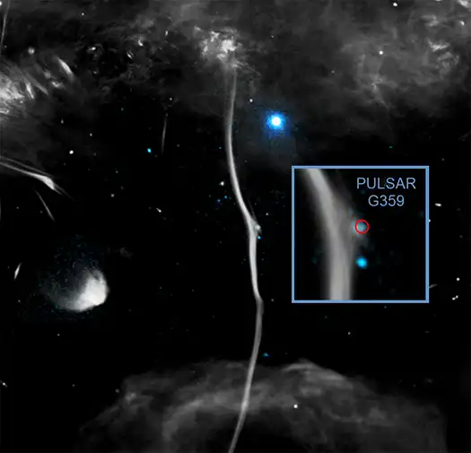 snaky filament with zoomed-in photo of a compact source near the filament shown in inset