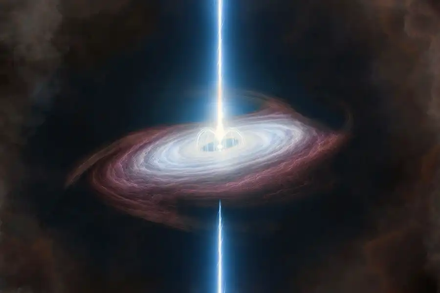 central object surrounded by fluffy disk, with two jets emerging perpendicular to the disk