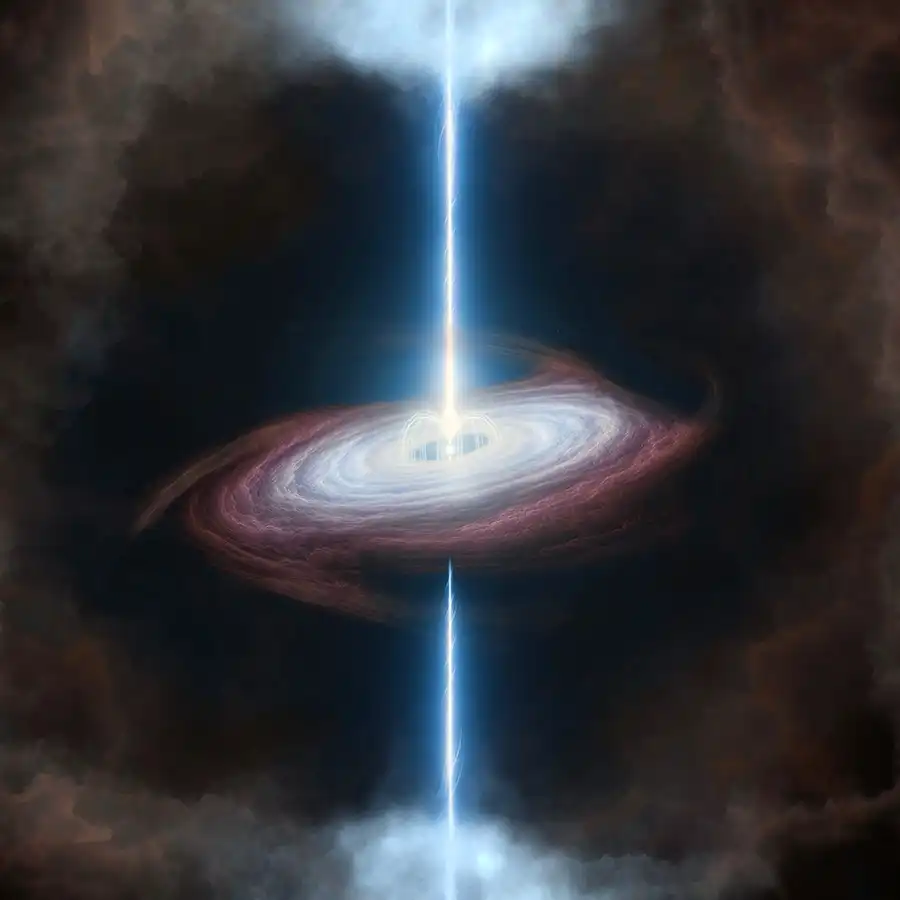 central object surrounded by fluffy disk, with two jets emerging perpendicular to the disk