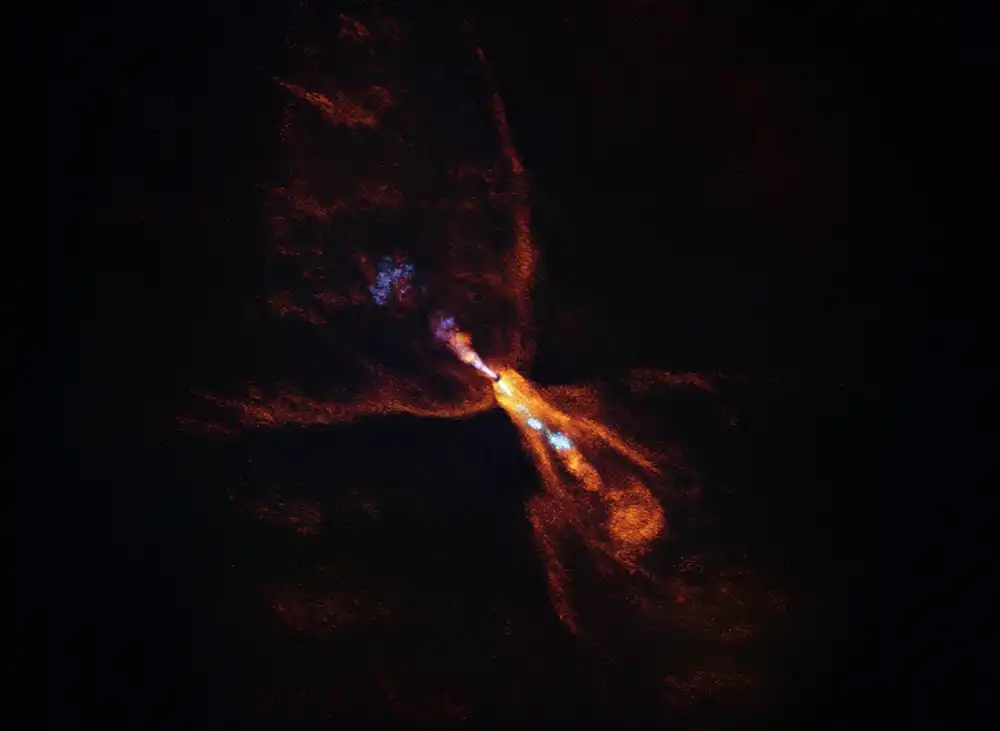 ALMA image of a baby star, its fierce jets, and a newborn disk of dust and gas that's beginning to form planets