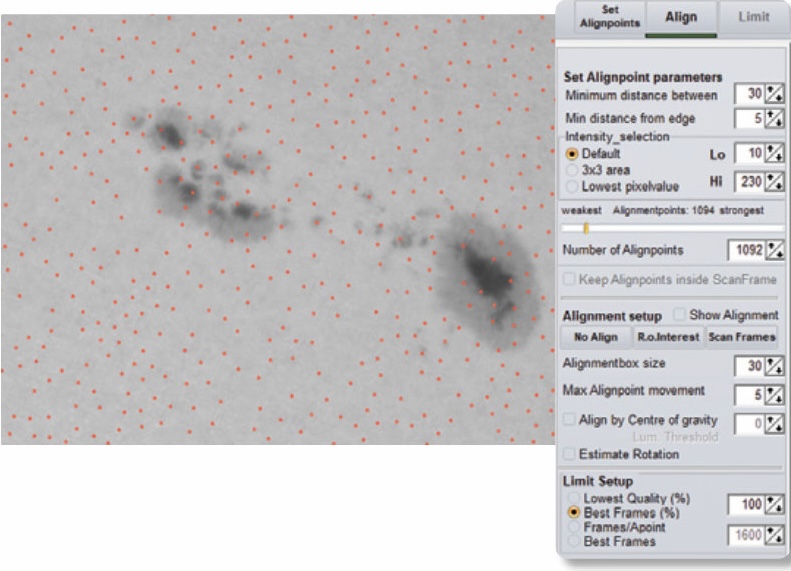RegiStax 6 permits users to align multiple points across a solar image, seen as hundreds of tiny red circles | Sky & Telescope