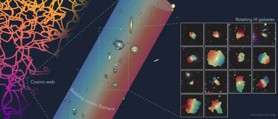 Galaxies Spin on Huge Filament Like a Teacup Trip 1 Diagram showing cosmic web, zoom into a single filament of the cosmic web, with insets showing the galaxies' rotation.