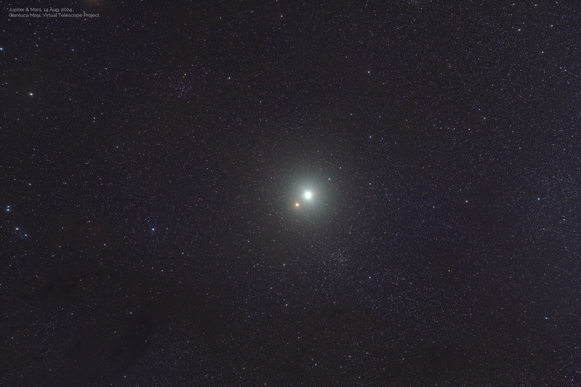 Mars and Jupiter in conjunction Aug. 14, 2024/ Wide-field telescopic image by Gianluca Masi.