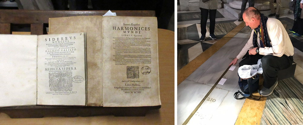 Two historic books and meridian line in Rome