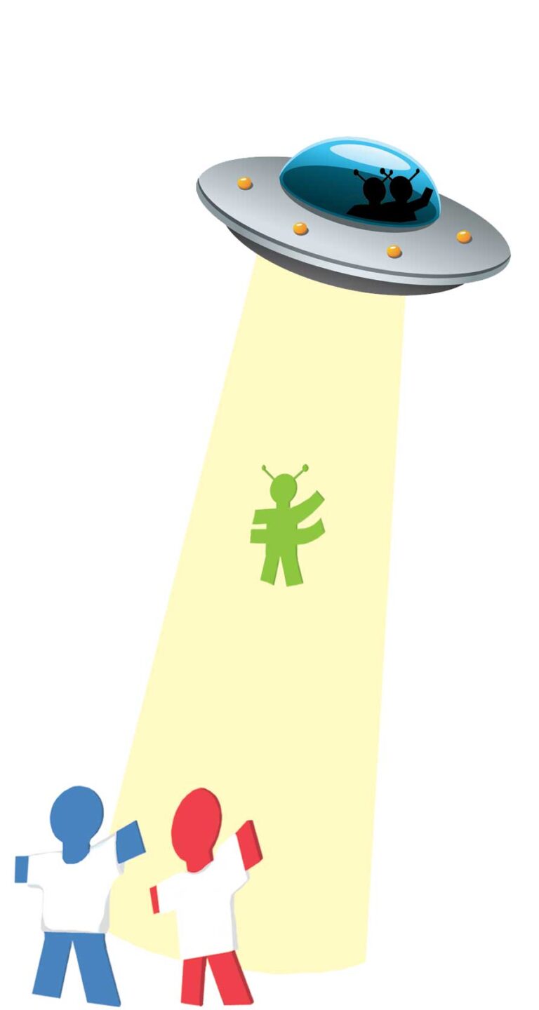 a red and blue person under a light coming from a spaceship with an alien in the light